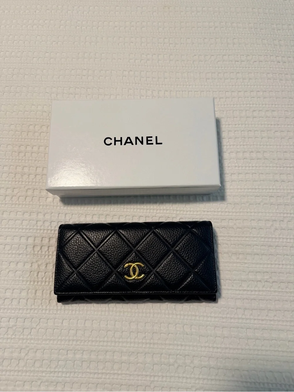 Black Quilted Leather Long Wallet with Gold CC